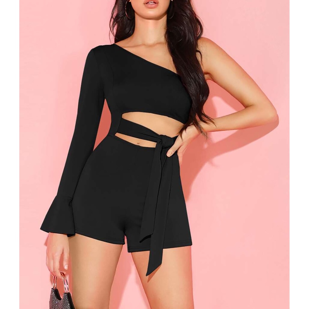 One Shoulder Cut Out Front Knot Romper Black